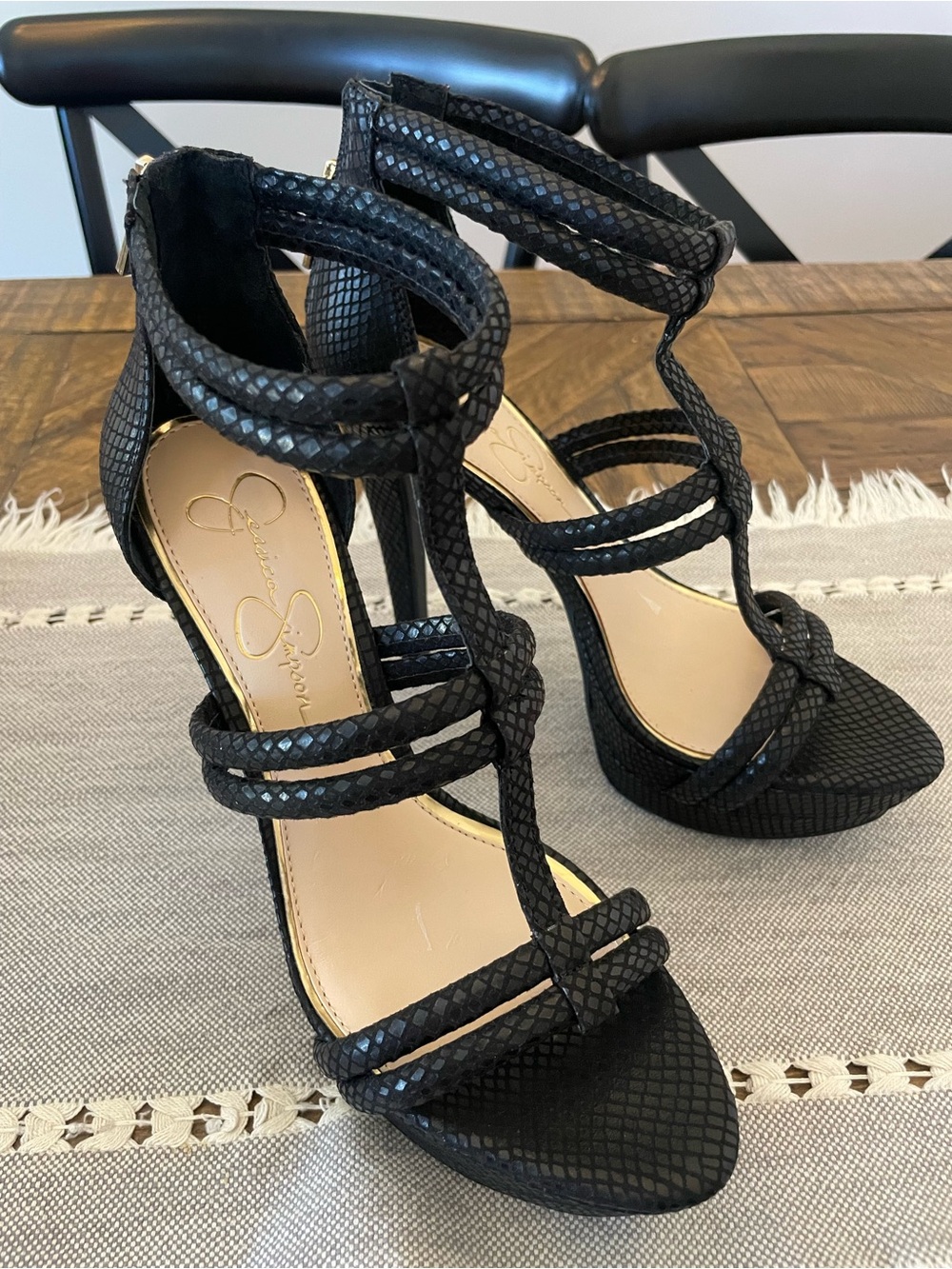Jessica Simpson Black Textured Strappy High Heel Sandals